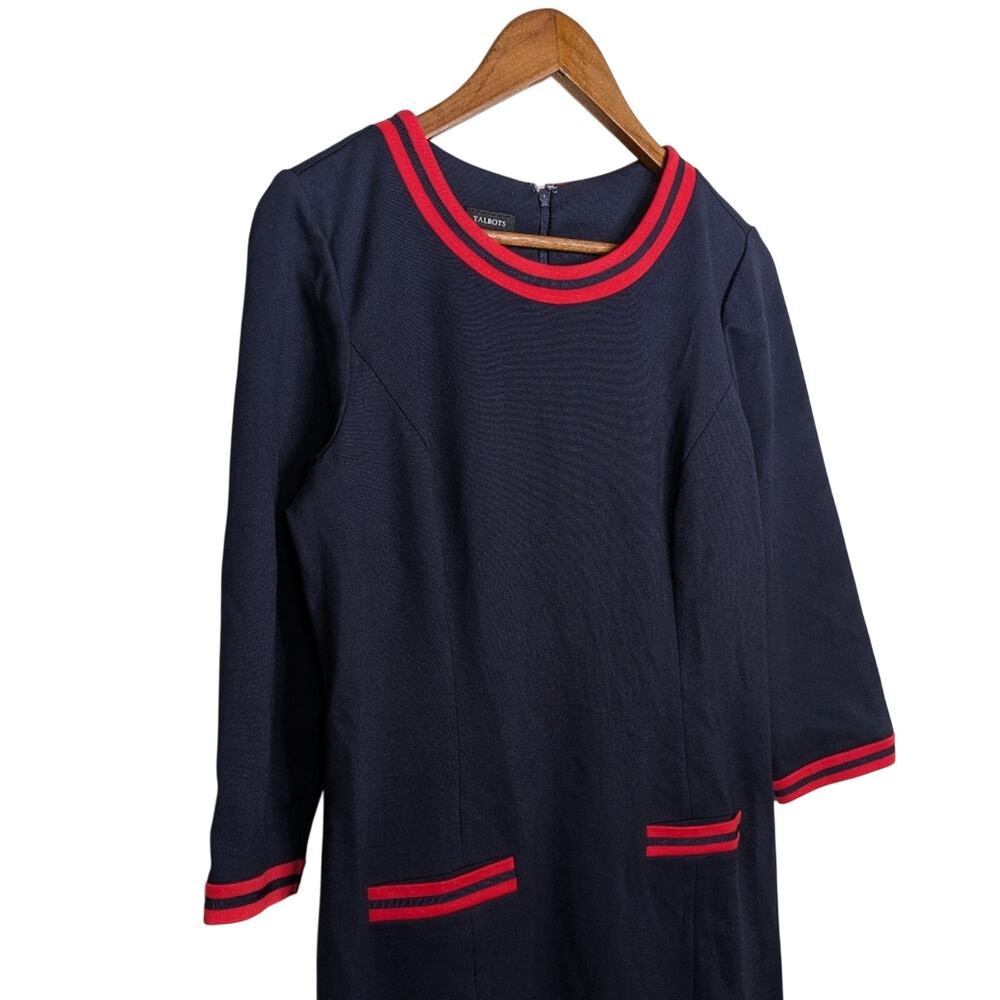 Talbots Career Shift Midi Dress 10 Navy Blue Red Trim Modest Ponte Knit Office - Picture 2 of 9